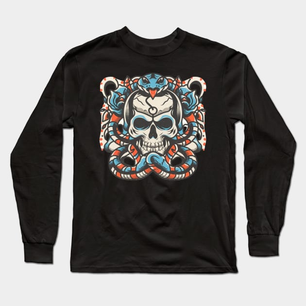 Traditional Skeleton Serpent Tattoo Long Sleeve T-Shirt by Goku Creations